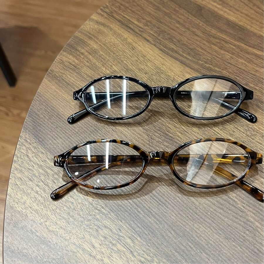 2-Piece Women's Oval Frame Flat Lens Glasses, Retro Style Y2K Computer Glasses, Custom Small Oval Frame For Everyday Use - 2 Pieces (Black + Leopard Print) - View 1