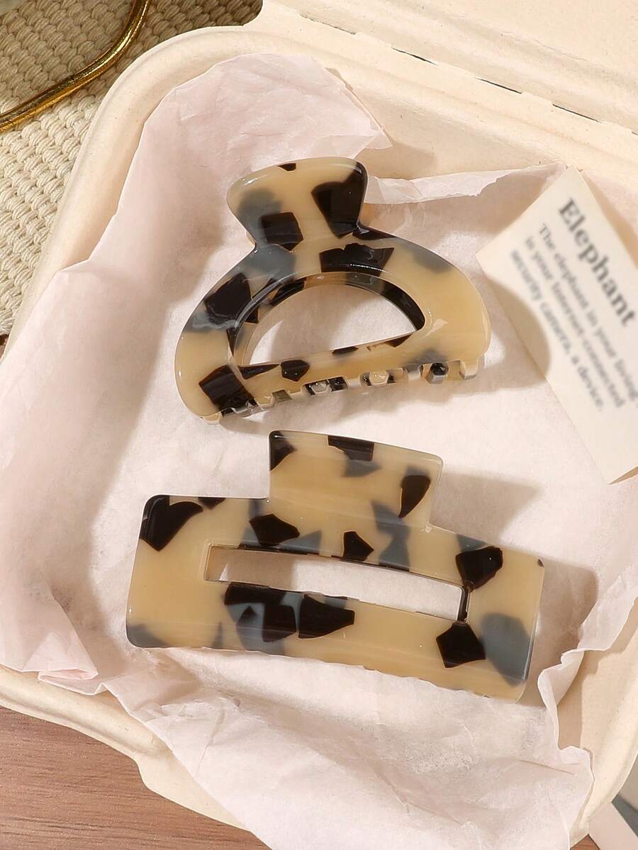 2pcs Korean Style Leopard Print Acetate Semi-Circular Square Small Yellow Jelly Hair Claw Clips, Half-Up Bun Hair Styling Clips, Flyaway Hair Organizer, Back Of Head Shark Clips, Hair Sectioning Clips, Slouchy Styling Hair Accessories, Elegant Premium Texture, Casual Streetwear, Afternoon Tea Hair Accessories - Multicolor - View 1