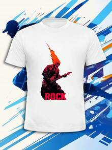 Herren-T-Shirt mit Rockgitarren-Flammenprint, atmungsaktiv, für Frühling, Streetstyle und Hip-Hop - Weiss - Übersicht 1