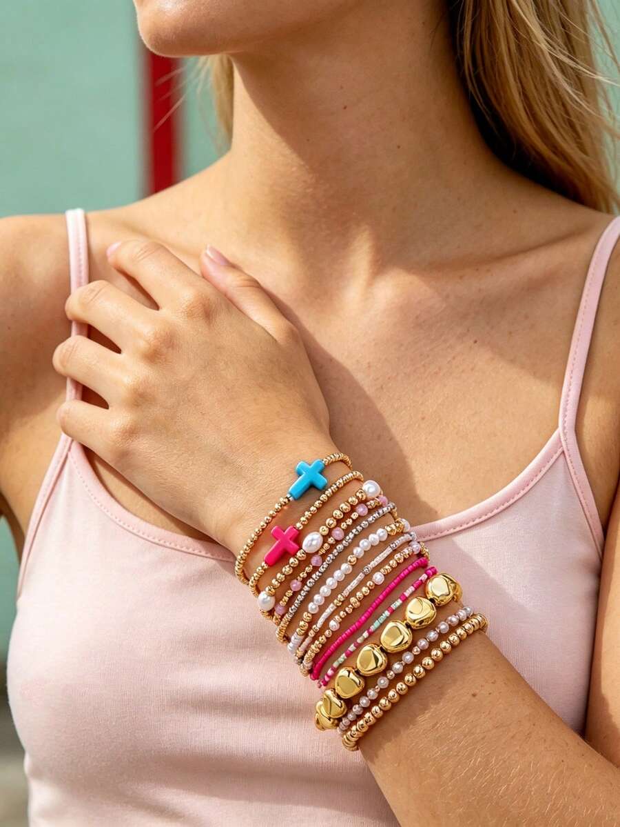 13pcs/Set Multi-Color Cross Colorful Dopamine Layered Beaded Bracelets, Sweet & Versatile, Suitable For Women's Daily/Vacation/Date Wear