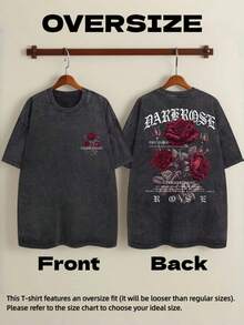 Oversized Black Washed Vintage Style T-Shirt With Graphic Print Of Dark Red Roses Wrapped In Ribbons, Clothing For Men And Women, Breathable Cotton T-Shirt, Casual T-Shirts - 黑色 - 查看 4
