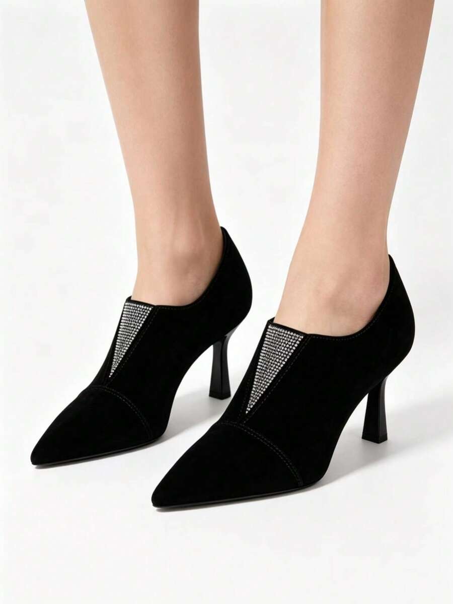 French Style Pointed Toe Matte Velvet High Heels Women 2026 Fashion New Black Velvet Rhinestone Pointed Toe Deep Cut Glamorous Commute Elegant Stiletto High Heels - Black - View 1