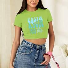 Y2K Crop Top, Rica Graphic Cropped Tshirt, Slim Fitted Short Sleeve Summer Tee, Gray Blue White Print All Season Casual Blouse - 綠色 - 查看 7