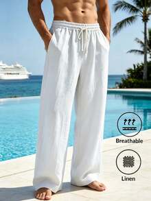 Pantalones largos casuales sueltos de lino tejido liso para hombres, adecuados para primavera/otoño y verano - Lacre - Ver 12