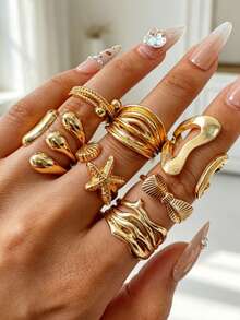 Juego de 7 piezas de anillos de diseño exquisito, de moda, vintage, único y versátil con motivos de concha, lazo y geométricos, joyería para mujer para uso diario, vacaciones, fiestas y regalo - Multicolor - Ver 9