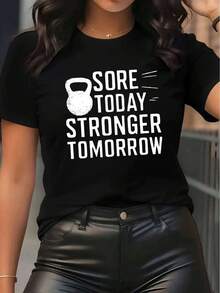 Women's T-ShirtCamiseta de entrenamiento motivacional para mujer "Dolor hoy, más fuerte mañana" - Cómoda camiseta de fitness de manga corta con eslogan de gimnasio estampado, cuello redondo - Negro - Ver 3