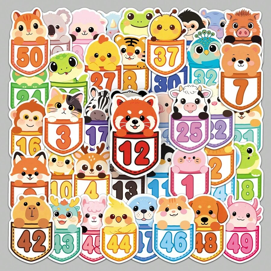 50pcs Numbered Animal Stickers, Lucky Y2K Aesthetic Stickers, Vintage Dreamy Elements, Graffiti, Y2K Style Urban Aesthetic Stickers, Suitable As Humorous And Interesting Gift Stickers, Including 80s And 90s Anime Stickers, Applicable For Scrapbooking, Envelopes, Water Bottles, Computers, Laptops, Phones, Suitcases, Notebooks, Refrigerators, Holiday Parties, Christmas Decorations, New Year Decorations, Winter Decorations And More. - Multicolor - View 1