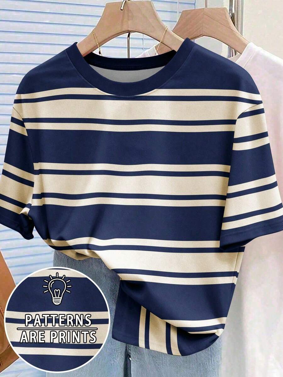 Camiseta de manga corta a rayas de colores vintage, top casual de cuello redondo para el verano PG9R - Multicolor 8 - Ver 1