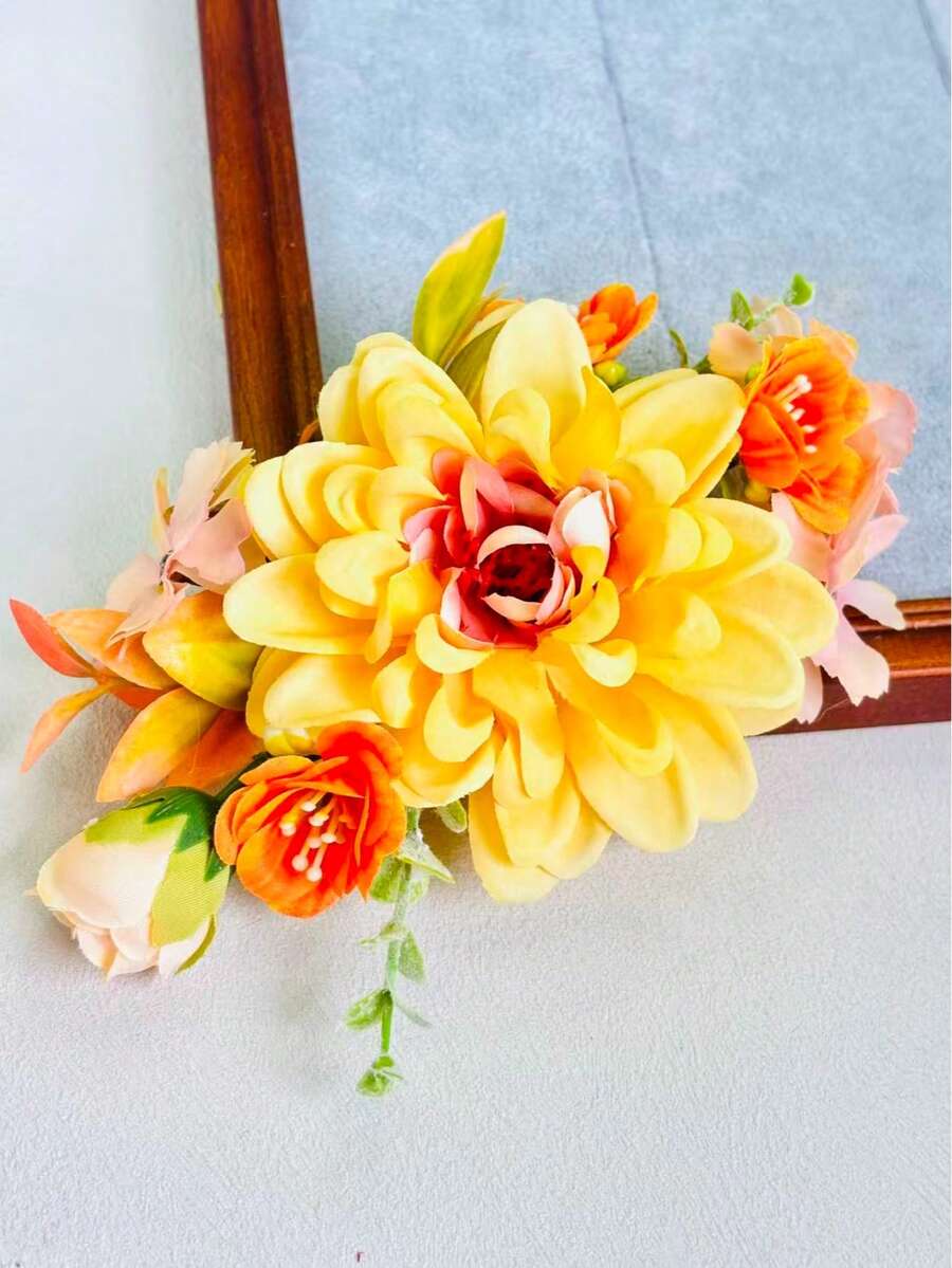 1件裝女款人造花髮夾,裝飾用盤髮造型髮夾,適合節日、海灘、拍照、日常使用,無卡紙包裝 - 黃色 - 查看 1