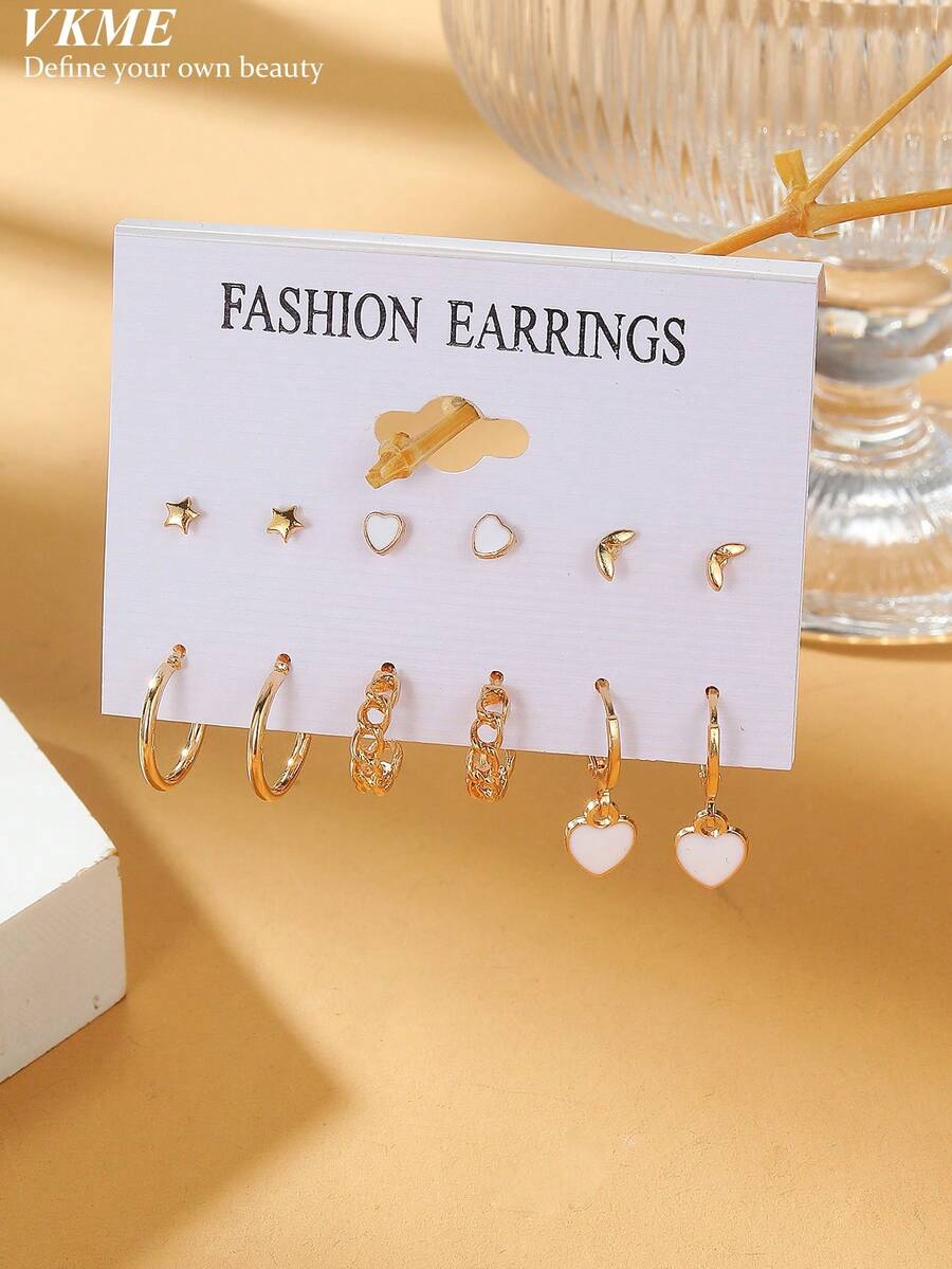 VKME 6 Pairs Summer Fresh Minimalist Women Star & Heart Shape Dangle Earrings Set - Yellow Gold - View 1