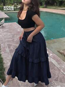 ROSIE POPHUB 女款海軍藍長版荷葉邊下擺長洋裝，休閒優雅學院風，適合海灘度假、音樂節、婚禮、夏季 - 藏蓝色 - 查看 3