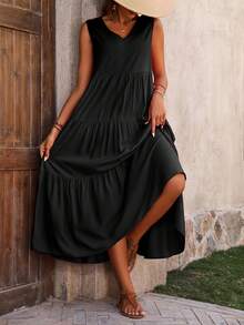Vestido rojo sin mangas para mujer, largo tipo tiered con cuello en V, estilo bohemio casual - Rosa - Ver 11