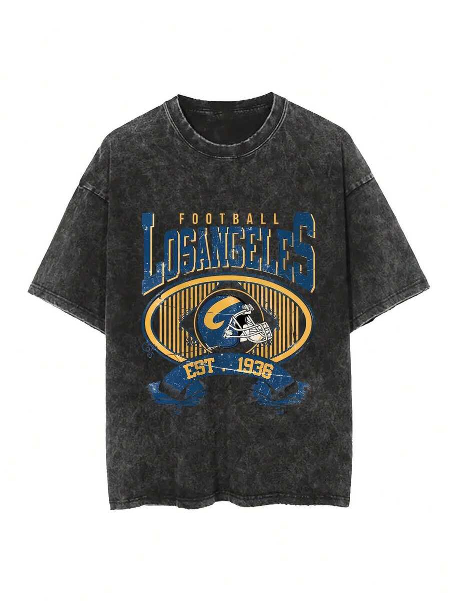 Tin Island Dark Fashion Brand, Vintage Black Wide-Shoulder T-Shirt With Washed And Distressed Effect, American Football Print, Casual Cotton T-Shirt, Regular Length, Neck - 黑色 - 查看 1