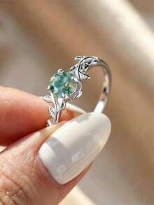 1pc Delicate Four-prong Setting Round Green Chalcedony & Leaf Shaped Silver Ring, Ideal For Engagement & Wedding Gift - Green - View 5