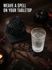Halloween Spider Web Wooden Coaster, Creative Hollow Desktop Decoration, Gothic Style Personalized Pot Holder, Suitable For Party, Wedding, Birthday, Holiday, Home Decor - Black - View 9
