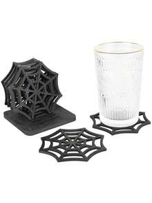 Halloween Spider Web Wooden Coaster, Creative Hollow Desktop Decoration, Gothic Style Personalized Pot Holder, Suitable For Party, Wedding, Birthday, Holiday, Home Decor - Black - View 2
