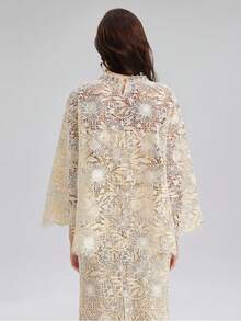 Rich Radi Q's Women's Elegant Beige Floral Lace Bell Sleeve Blouse, Fashionable Cheongsam Style Top, Suitable For Special Occasions - Beige - View 2