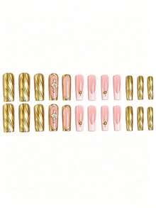 24pcs French Press On Nails, Rectangle, Embellished With Large 3D Gold Rhinestones, XXL/XXXL Size, Metal Accessories Design, Luxury Y2K Style, Smooth Surface, Full Cover, Suitable For Daily Wear For Women And Girls. - Multicolor - View 4