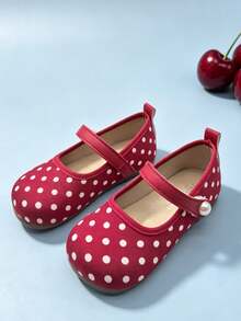1 Pair Girls 3-13,Red White Polka Dot Single Strap Mary Jane Flats, Pearl Decor Kids Cloth Shoes, Soft Non-Slip Sole For Daily, Wedding & Photo Shoots - Red - View 5