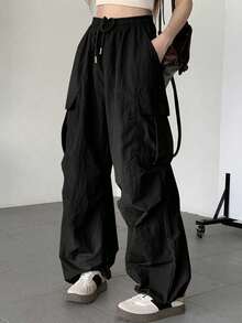 Pantalones De Pierna Ancha De Color Sólido Con Cordón En La Cintura Para Mujeres - Caqui - Ver 7