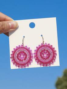 par de pendientes colgantes bohemios hechos mano con cristales y cuentas coloridas para uso diario de mujeres. - Rosa Fucsia - Ver 5