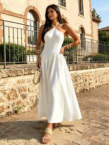 Elegantes blaues und weißes gestreiftes ärmelloses Neckholder-Rückenfreies Kleid für Damen, gerafftes Taillendesign, Boho-Stil Casual Urlaubskleid, geeignet für Sommerdates und den täglichen Gebrauch - Weiss - Übersicht 4