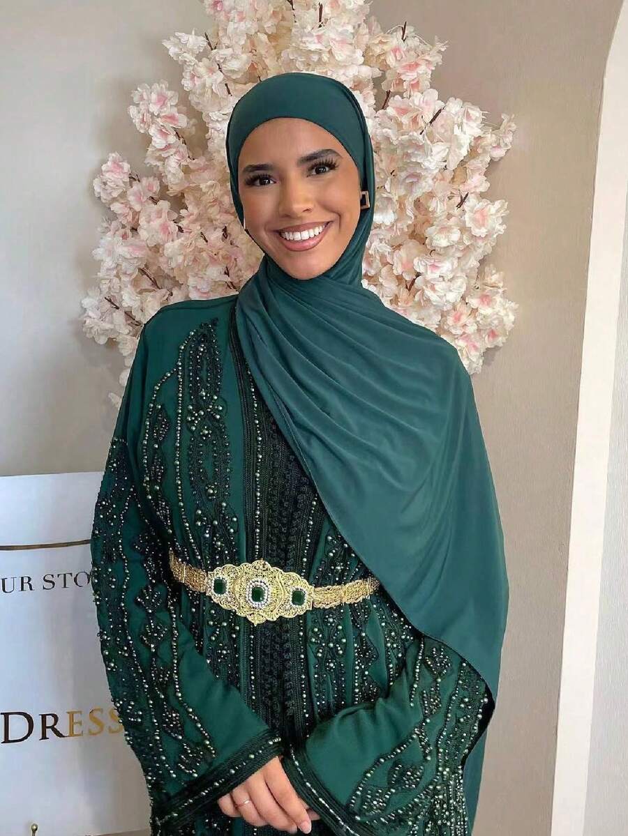 1 Piece Of Solid Color Soft Jersey Hijab, Pure Long Scarf For Women. - Green - View 1