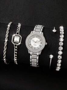 5pcs/Set Fashion Rhinestone Women's Watch Roman Numeral Quartz Bracelet Watch Set, Elegant Wristwatch Set For Girls - one-size - View 2