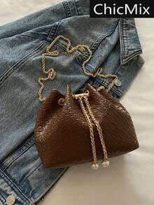 Bolso de cubo cruzado de unicolor con cordón y tejido calado, bolso pequeño, bolso de playa - Marrón - Ver 2