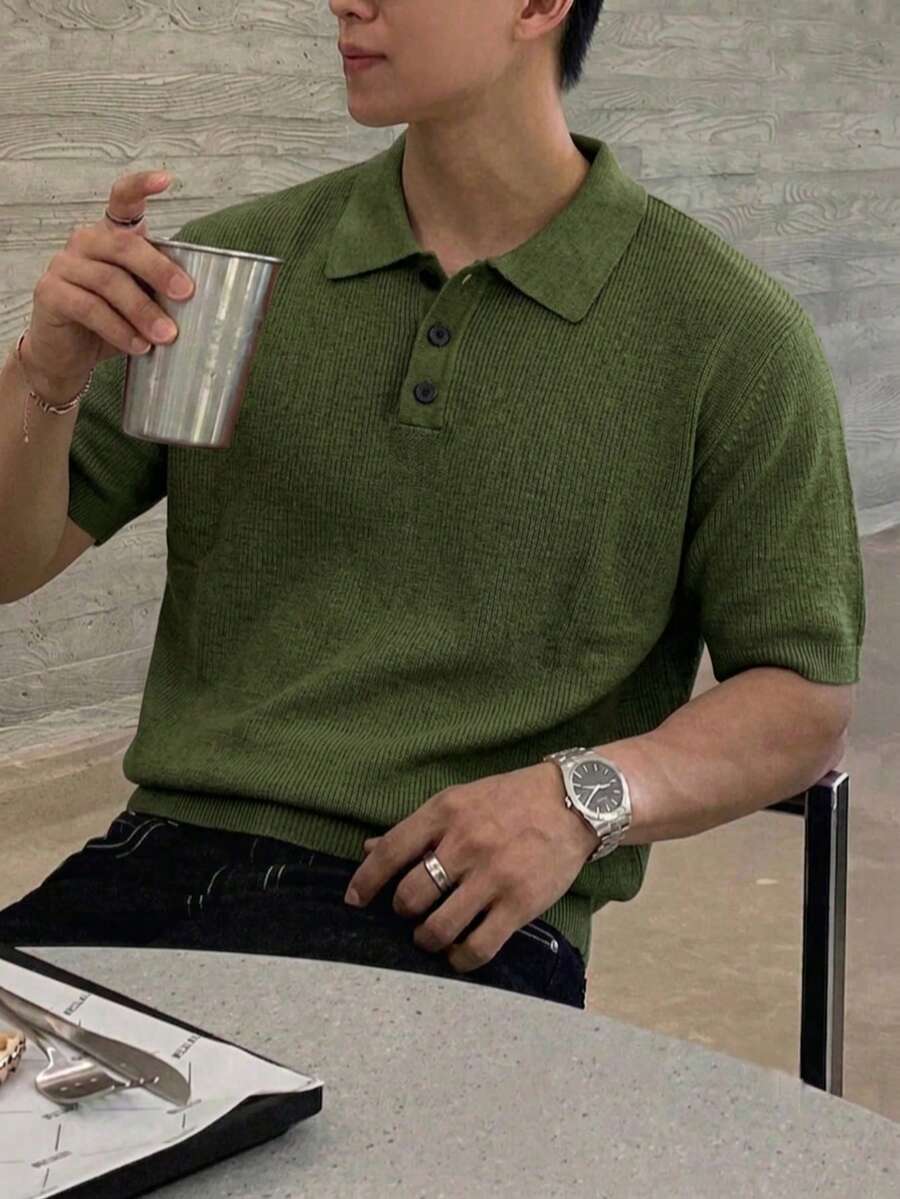 春夏歐美日韓休閒中性百搭純色極簡商務風男女款針織短袖V領套頭毛衣 開學季 - 綠色 - 查看 1