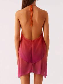 Vestido mini con escote halter y degradado, vestido con volantes en el bajo para noches de club, fiestas y salidas de verano - Naranja - Ver 3