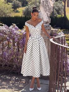 ADYCE Elegant Polka Dot Cold Shoulder Cross Pleat High Waist A-Line Maxi Party Dress For Halloween Prom Evening Date Wedding Guest Family Gathering White - White - View 6