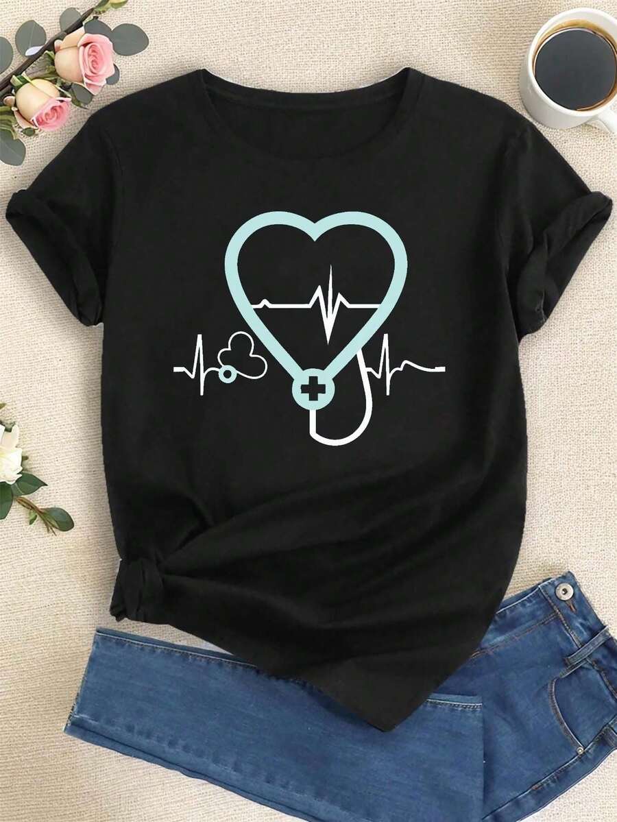 Camiseta con estampado de corazón y gráfico de latidos, manga corta, cuello redondo, top casual verano y primavera - Negro - Ver 1