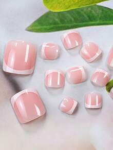 24 piezas de uñas postizas para los pies de color rosa nude con punta francesa, forma cuadrada corta, punta francesa blanca, cobertura completa, 12 tamaños, reutilizables, para mujeres, para uso diario, verano, playa, turismo, decoración de manicura con pegamento de gelatina y tiras adhesivas - Multicolor - Ver 8
