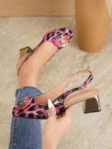 Pink & Black Leopard Print Square Toe Slingback Sandals For Women, 4.5cm Metallic Shiny Chunky Heel, Colorful Rhinestone Round Buckle Closed Toe Strap Shoes, Spring/Summer Sexy Style For Date, Party, Commute, Comfortable Low-Mid Heel Women's Shoes - Purple - View 6