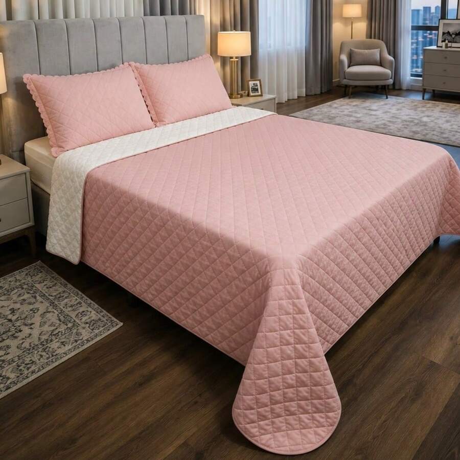 Single/Queen Double-Sided Bedspread Set With Sherpa Alaska 03 Pieces - Premium Soft Touch - 玫瑰 - 查看 1
