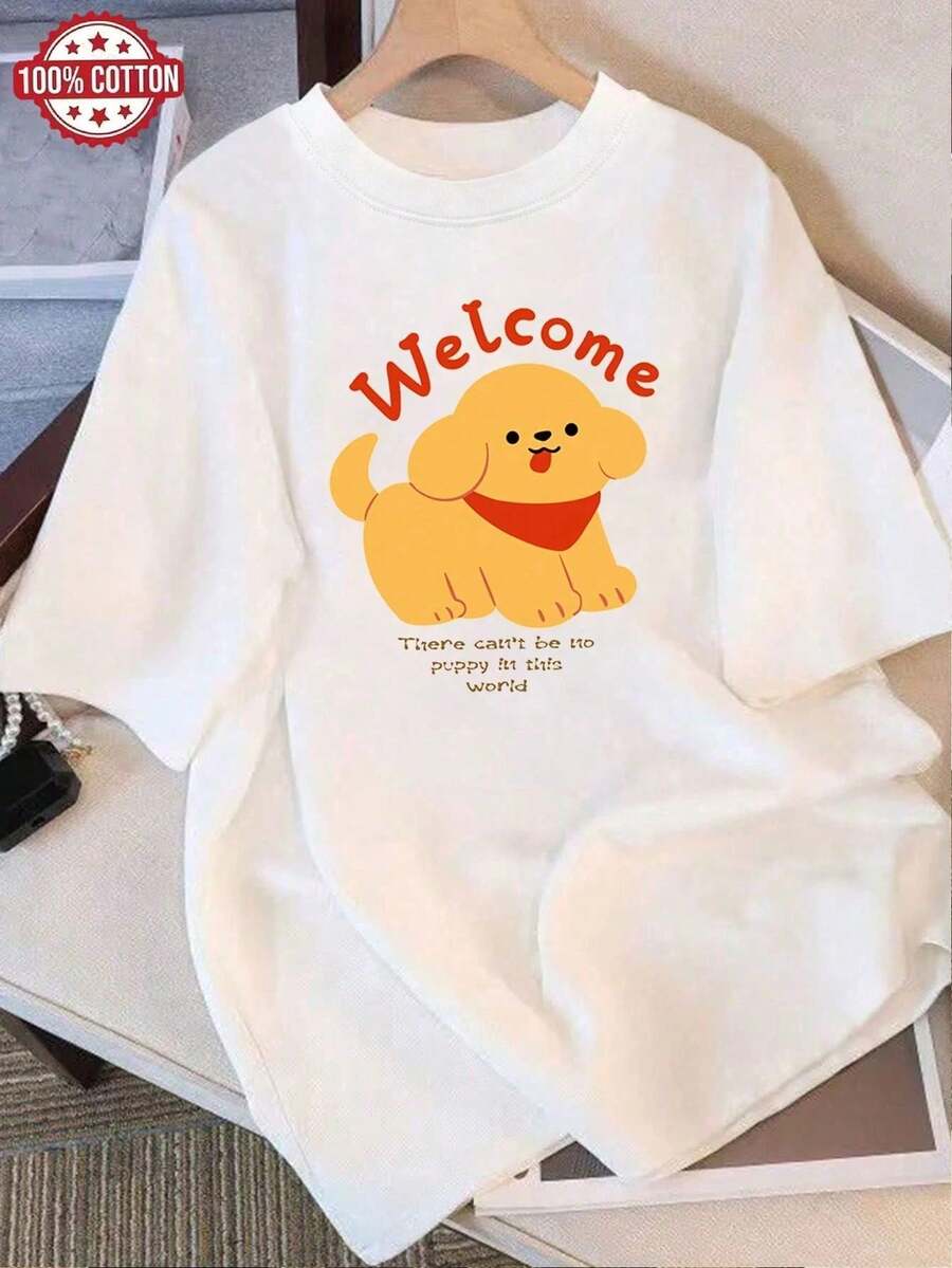 Graphic T-Shirt With Cartoon Puppy Print, Short Sleeve, Casual Japanese Style, Kawaii Urban Fashion Streetwear Novelty Women's Clothing For Everyday Wear - 白色 - 查看 1