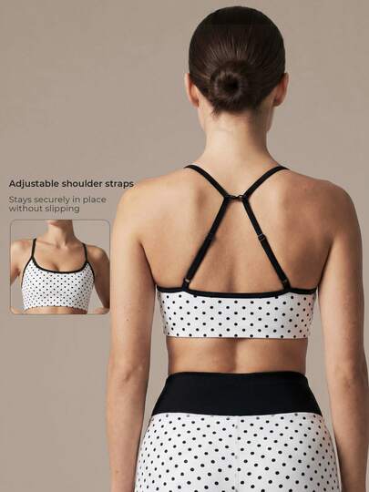 Women's Cute Polka Dot Print U-Neck High Support Sports Bra, Adjustable Criss-Cross Back Spaghetti Strap, With Padding, Suitable For Yoga, Gym And Sports Casual