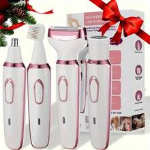 4合1女性電動除毛器、多功能電動刮鬍刀組、比基尼修剪器、USB充電、適用於陰毛、眉毛、鼻子、臉部、腿部、便攜、溫和、送給女朋友和好朋友的禮物 - 白色 - 查看 3