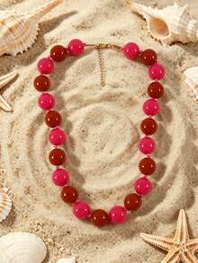1pc European & American Bohemian Round Geometric Acrylic Mixed Color Beaded Rope Handmade Knotted Women's Necklace With Stainless Steel Accessories, Holiday Gift, Daily Wear - Hand-knotted Resin Stainless Steel Accessory Necklace - View 21