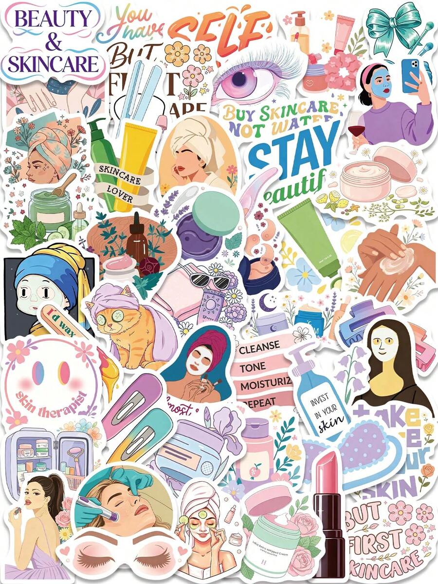 60PCS Self Care Beauty Esthetician Skincare Vinyl Stickers, Girl Facial Floral Decor Decals Scrapbook Stationery Stickers For Notebook Journal Phone Case Reward Birthday Gift School Supplies - 1 Set - View 1