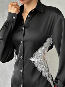 Women's All-Season Solid Color Lace Patchwork Back Tie Long Sleeve Blouse - Black - View 8