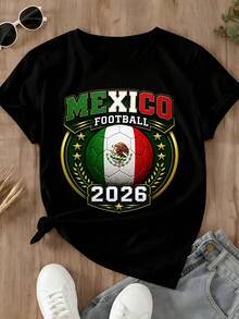 T-Shirt Top Mexico Football 2026 Soccer Ball Flag Design For Casual Wear And Sports Events Blusas Para Dama Casuales - 黑色 - 查看 2