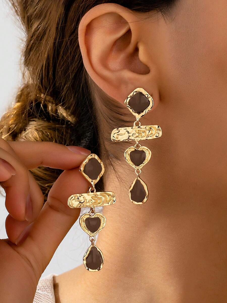 1 Pair Women's French Light Luxury Retro Heart Teardrop Long Drop Earrings, Jewelry For Daily Wear, Dates, Banquets & Holiday, Face Slimming Earrings - Gold + Dark Brown - View 1