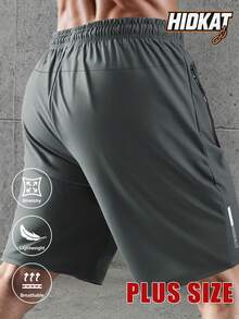 Plus Size Men's Summer High Elastic Casual Sports Shorts, Drawstring Waist With Zipper Pockets, Suitable For Leisure, Outdoor, Sports, Cycling And Daily Wear - Grey - View 3
