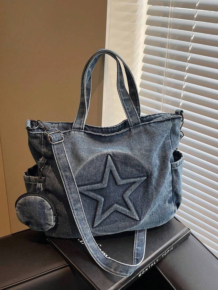 Nueva bolsa de lona casual y de moda con patrón de estrella y múltiples bolsillos, incluida una monedero - Multicolor - Ver 1