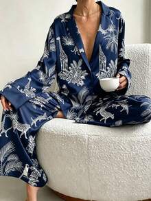 2pcs/Set Premium Jungle Animal Print Pajama Set, Long Sleeve Deep V-Neck Lapel Top + Slightly Wide Leg Pants, Casual Home Wear - Navy Blue - View 1