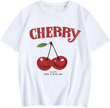 Bobeutou Camisa de cereza para mujer, con estampado gráfico de frutas, vintage, estética, linda, de cerezas preppy, camisetas casuales - Blanco - Ver 2
