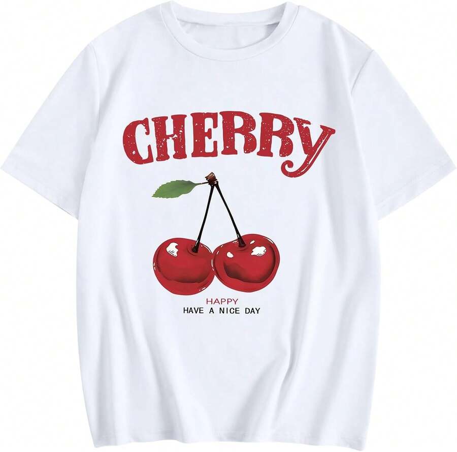 Bobeutou Camisa de cereza para mujer, con estampado gráfico de frutas, vintage, estética, linda, de cerezas preppy, camisetas casuales