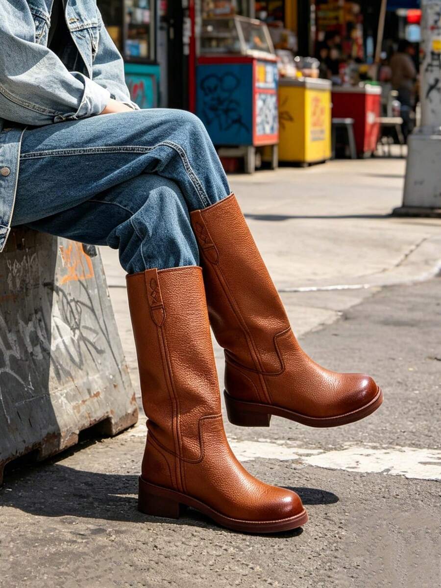 Campus Knee High Boots For Women Squared Toe Knee High Boots Wide Calf Tall Boots Stacked Pull On Low Heels Riding Boots For Students Girls - 棕色 - 查看 1